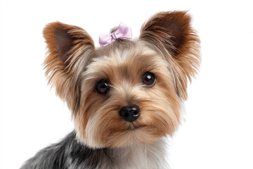 Adorable Yorkshire Terrier with a Pink Bow Posing Against a Clean White Background