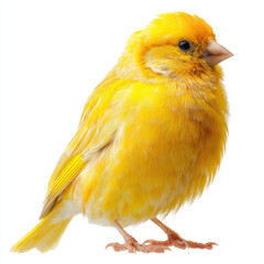 Bright yellow canary perched gracefully, showcasing its vibrant feathers against a white background