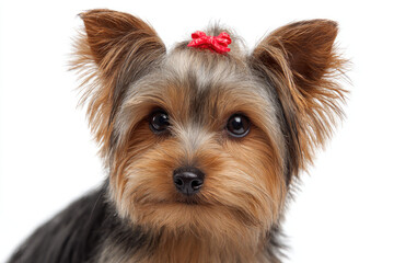 Adorable Yorkshire Terrier puppy with a red bow, showcasing its expressive eyes and fluffy fur