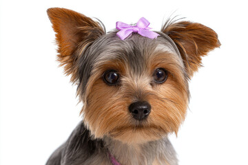 Cute Yorkshire Terrier with a Purple Bow on Its Head, Posed Against a White Background