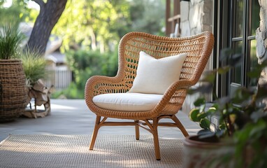 Relax in this cozy rattan armchair Perfect for patio, living room, or bedroom Natural woven design