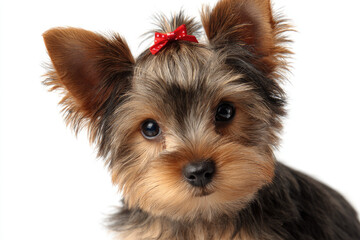 Adorable Yorkshire Terrier puppy with a red bow, showcasing its playful expression against a bright background