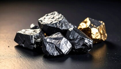 Close Up of a Pile of Rough Hematite Magnetite Nodules with Gold and Black Colors on a Dark Surface