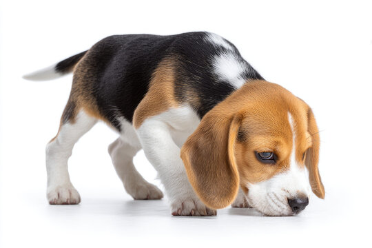 Playful beagle puppy exploring its surroundings with curiosity on a clean, white background