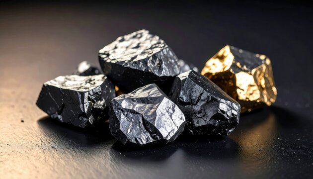 Close Up of a Pile of Rough Hematite Magnetite Nodules with Gold and Black Colors on a Dark Surface