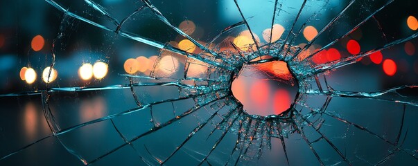 Shattered glass, cracks, destruction, broken window, night, city lights, abstract background
