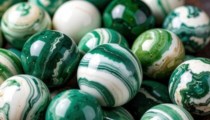 Close Up Of Green And Cream Swirling Ocean Jasper Orbs Showcasing Marble Like Patterns