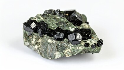 Close Up Of Franklinite Crystals Within Zinc Ore Matrix With Reflective Surfaces And Greenish Gray Background