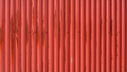 Close Up Of Red Corrugated Metal Panel With Rust Streaks And Vertical Lines
