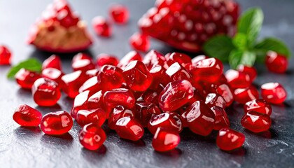 Close-up Of Red Pomegranate Seeds And Leaves On A Dark Stone Surface