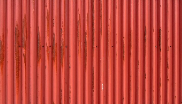 Close Up Of Red Corrugated Metal Panel With Rust Streaks And Vertical Lines
