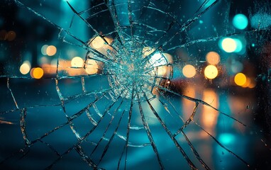 Shattered glass, cracks, destruction, broken window, night, city lights, abstract background