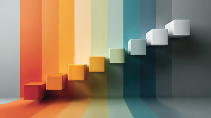 Progression shown by vibrant gradient stripes leading to stacked white cubes on a grey background, symbolizing success and achievement in business growth.