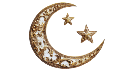 Eid Mubarak crescent moon and star ornament, Transparent background, PNG file