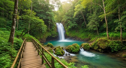 Obraz premium Exploring the Tranquility of a Forest Waterfall: A Scenic Adventure Through Nature's Greenery and Sunlit Landscapes by the River