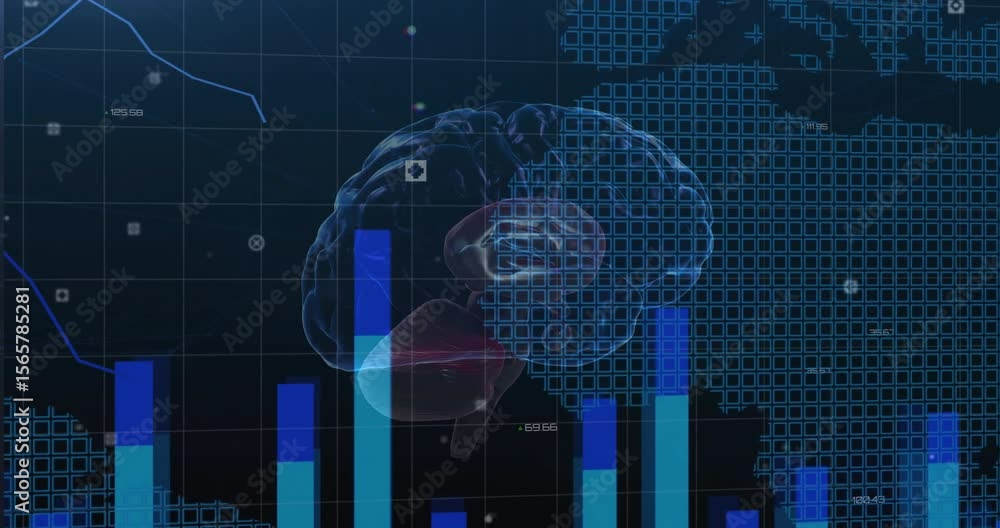 Poster brain hovering starting icons drifting, bar charts rising and grid mesh growing to show data trends