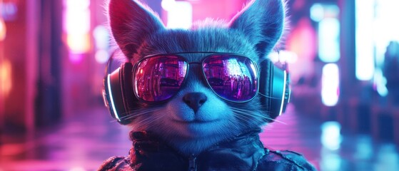 Stylish cat enjoying nightlife in a city with neon lights