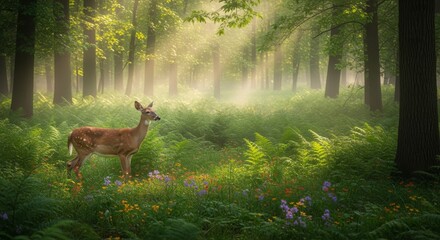 Fototapeta premium Tranquil Forest Retreat: Discover Serene Wildlife and Lush Greenery Under Sunlit Trees in Nature's Flourishing Flora