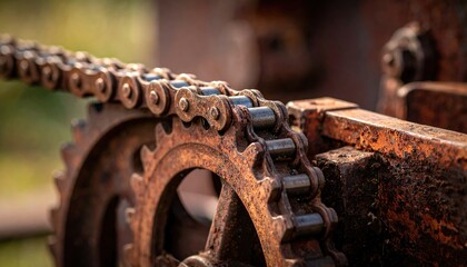 Close Up Of Rusty Chain Sprocket Teeth And Gear On Dusty Metal Machine With Selective Focus