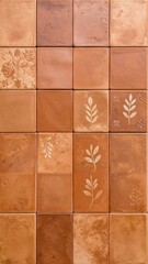 Close Up Of Square Terracotta Tiles With Rustic Handmade Texture And Decorative Patterns