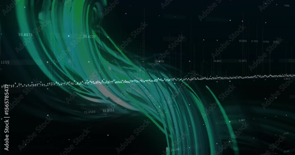 Poster horizontal dots pulsing initiating flickering columns, green ribbon sweeping s-shape across data