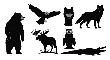 Fototapeta premium Silhouette illustration of a bear eagle wolf moose owl and alligator on a white background image view