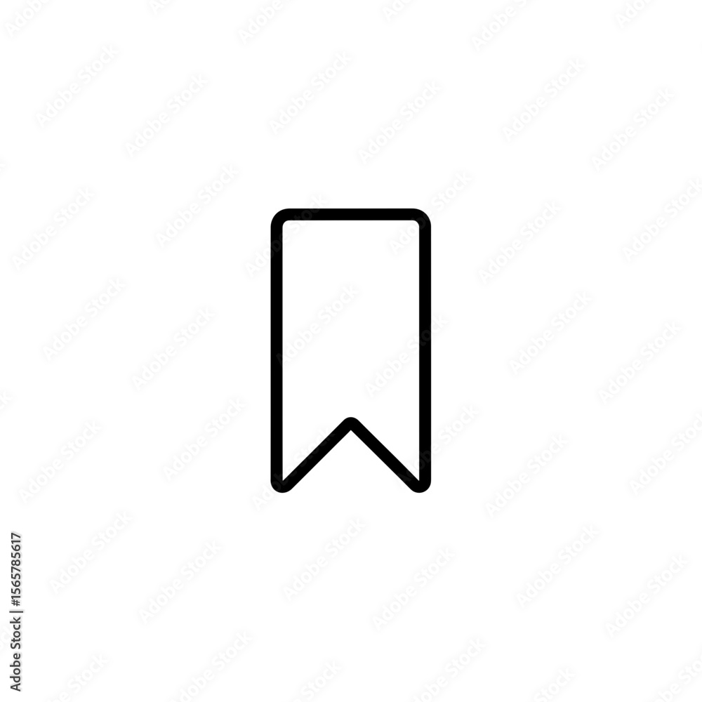 Poster illustration of a simple black outline bookmark icon with a rectangular shape and pointed bottom edg