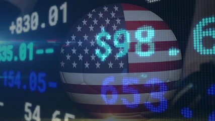 US globe appearing rotating currency tickers updating morphing shield emblem showing market trends - Powered by Adobe