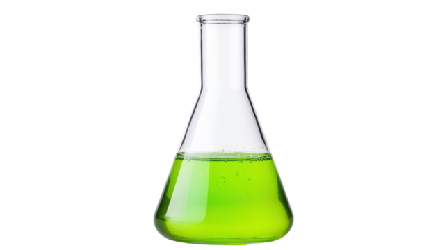 Erlenmeyer flask with green solution Transparent background, PNG file
