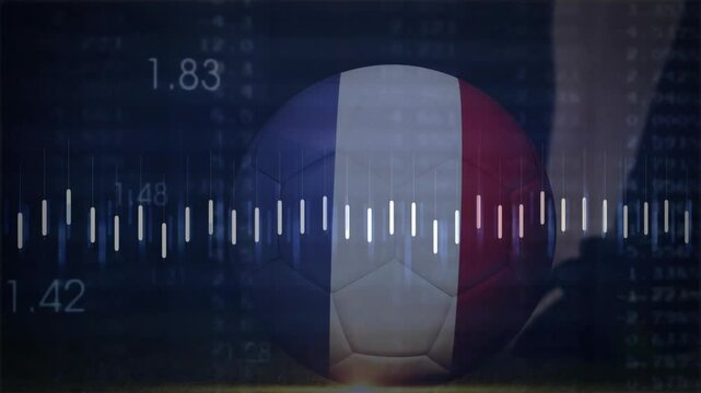 With bars pulsing around French soccer ball, athlete foot kicking ball showing data driven sports