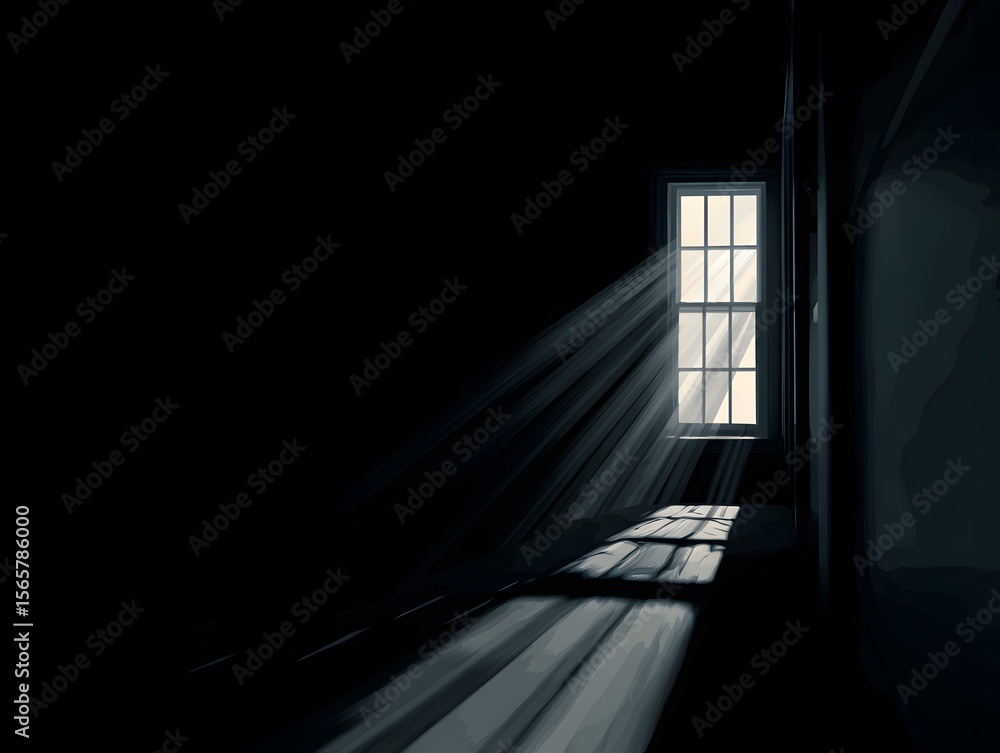 Poster sunlight streams through a window in a dark room, illuminating dust particles and casting a dramatic