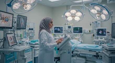 A female medical professional in a hijab skillfully operates advanced medical equipment in a modern hospital operating room.