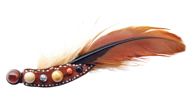 Feather hair clip with beads and leather, Transparent background, PNG file