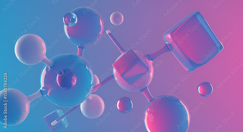 Fototapete abstract 3d rendering of molecule structure with glowing spheres and cube shapes