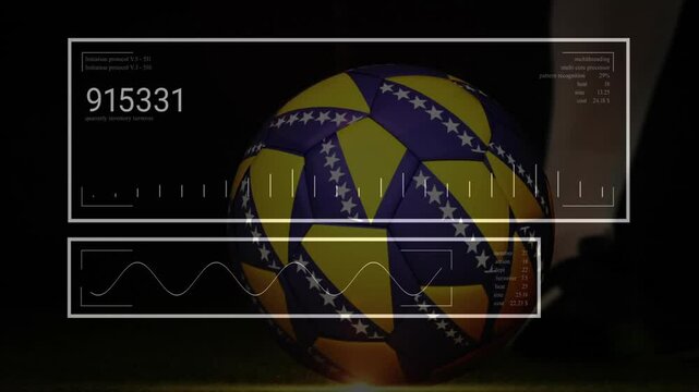 Overlays appearing recording sensor data while foot brushing spinning yellow-purple ball kicking