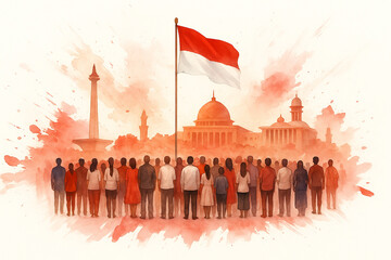 Watercolor Illustration of Indonesian People Celebrating Independence Day with National Landmarks and Flag