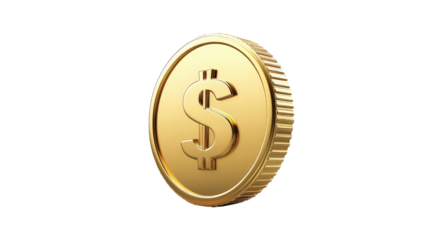 Dollar coin icon gold color, Transparent background, PNG file