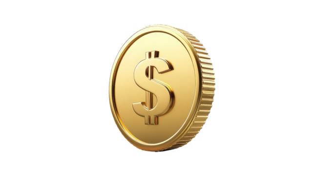 Dollar coin icon gold color, Transparent background, PNG file