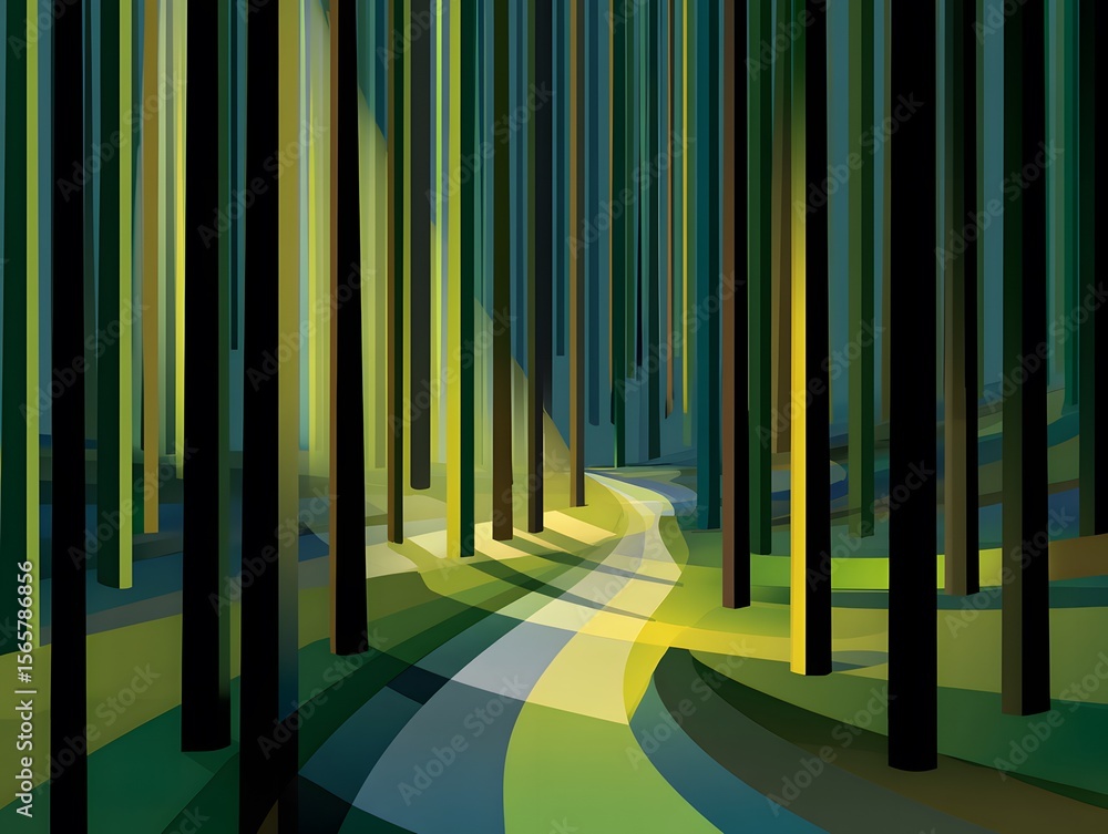 Poster a mesmerizing path weaves through a towering forest, where sunlight streams through the trees. an ar