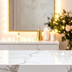 Elegant Bathroom with Marble Surface, Soft Lighting, and Festive Decorations.