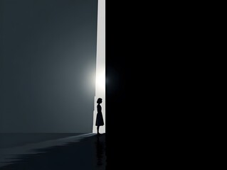 A lone silhouette stands on the edge, caught between darkness and light, as a beacon of hope casts its glow. Revealing a pathway to possibilities.