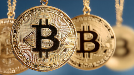 Bitcoin Cryptocurrency Gold Coins on Chains