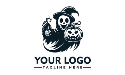 A stylized ghost logo design, holding a carved pumpkin, for a Halloween-themed brand.