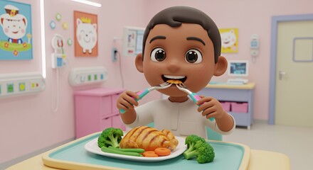 Happy child enjoys a healthy meal of grilled chicken, broccoli, and carrots in a cheerful room.