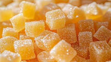 Closeup of Sugared Ginger Cubes Delicious Sweet Treats with Food Background.