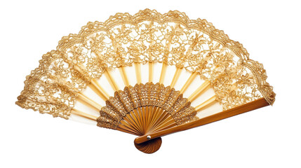 Festive masquerade fan in gold lace, Transparent background, PNG file