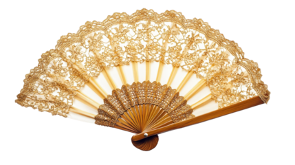Festive masquerade fan in gold lace, Transparent background, PNG file
