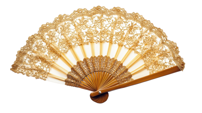 Festive masquerade fan in gold lace, Transparent background, PNG file