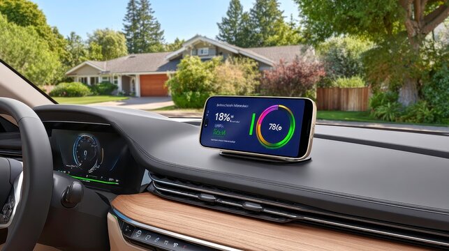 Electric Car Dashboard with Energy Efficiency App. Sustainable Transportation, Vehicle Interior, Smart Technology - Powered by Adobe
