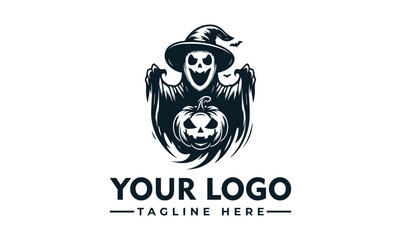 Spooky ghost wearing a witch hat holding a carved pumpkin, presented as a logo design.